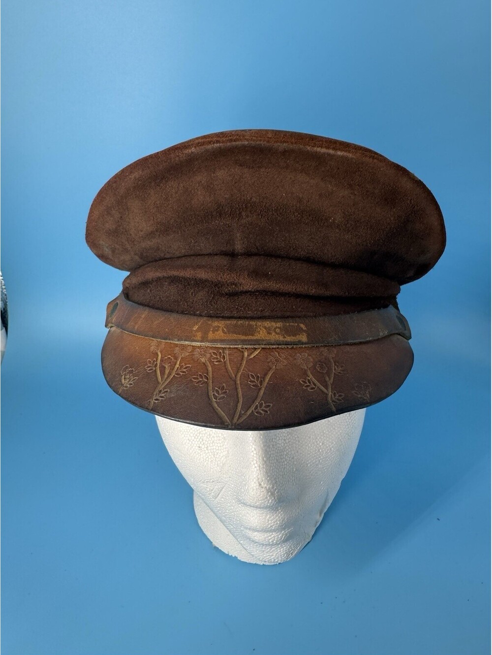 VTG 1970s Brown Suede Greek Fisherman Cap Tooled Floral Leather Brim Boho Hippie